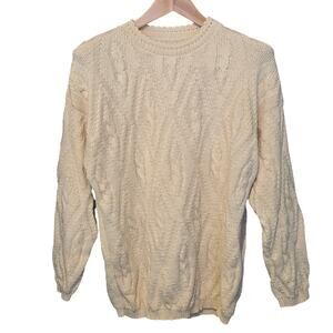 Classic Cable Knit Sweater Womens Medium Ivory Crewneck 100% Cotton Cozy USA